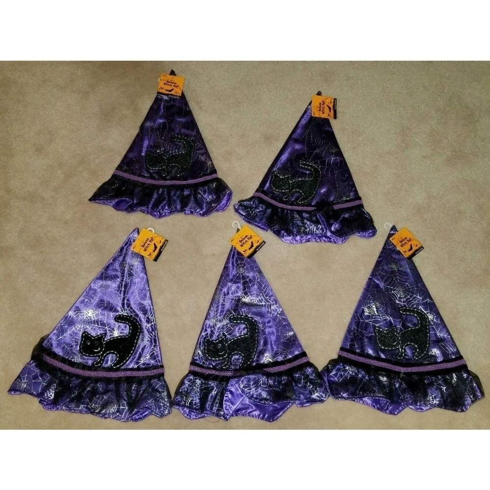 NWT Lot 5 Girls Deluxe Witch Hat Purple Black Cat Halloween Costume Spiders Webs
